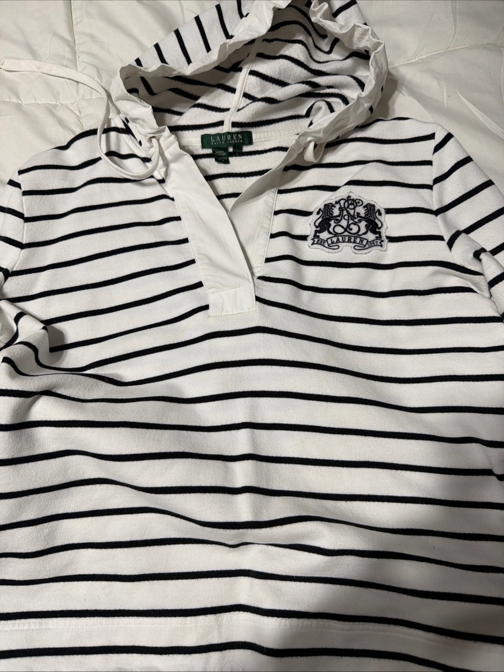 Ralph Lauren White and Black Striped Crewneck Hooded Sweater - Picture 5 of 7